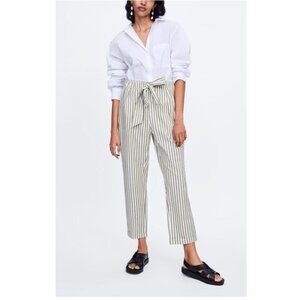 Zara Green Striped Trousers Pants With Tie Belt S